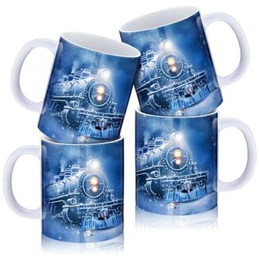 Imagem de Meanplan Pacote com 4 copos natalinos do pólo norte com bilhetes dourados 340 g caneca de cerâmica a granel para chocolate quente suco de leite de cacau para lembrancinhas de filmes de Natal (trem)