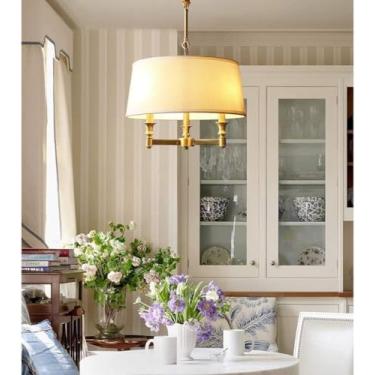 Imagem de Lustre De 3 Luzes Lustre Moderno Dourado Com Sombra De Tambor De Linho Branco Latão Antigo Luminária Pendente Para Sala De Jantar Sala De Estar Foyer Cozinha
