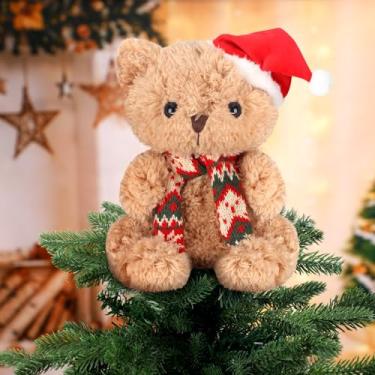Imagem de Gejoy Enfeite de árvore de Natal de 23 cm A para decoração de urso de pelúcia com ursinho de pelúcia usando enfeites de Papai Noel para Natal, Halloween, feriado, decoração de casa festiva