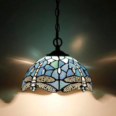 Imagem de AVIVADIRECT Luminária pendente Tiffany Plug in Vitral Lâmpada suspensa de 25 cm, corrente 83 cm, cordão de 4,5 m (libélula azul marinho)