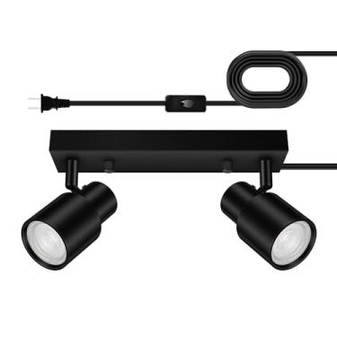 Imagem de Teto de luminárias de trilho plugue, luz de trilho preta, luzes de parede de 2 luzes com cabo, refletor de teto bidirecional, interruptor basculante, holofote rotativo para quarto, lâmpada não