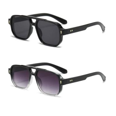 Imagem de OZPYKAE Óculos de sol masculinos quadrados, retrô, proteção UV400, ponte dupla, moderno, retangular, aviador, óculos de sol, Preto, cinza + preto, tamanho �nico