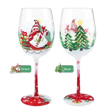 Imagem de NymphFable Taça de vinho pintada à mão, gnomos, árvore de Natal, Papai Noel, floco de neve, presente para amigos da família, 425 g
