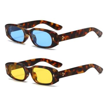 Imagem de DQbhzh Óculos de sol retangulares retrô Y2K para mulheres e homens, óculos de sol retangulares estreitos com matiz oval moderno, vintage, estilo chique dos anos 90, Pacote com 2 lentes azuis/armação