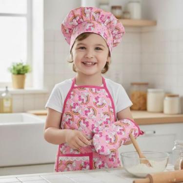 Imagem de Kit Avental Infantil de Cozinha Estampado com Touca e Luva - Mava Enxo
