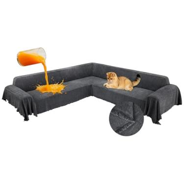 Imagem de ROFASVCO 1OO% capas de sofá seccionais de canto à prova d'água, em formato de L, com borla, macia, grossa, lavável, protetor de móveis para cães (231 x 640 cm, cinza escuro)