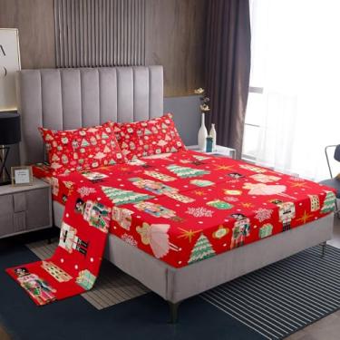 Imagem de Erosebridal Jogo de lençol casal de Natal vermelho, quebra-nozes de Natal, princesas sonhadoras, pinheiro de Natal, floco de neve, lençol de cima, vermelho