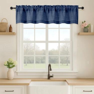 Imagem de OVZME Cortina de cozinha com saia curta texturizada de linho sintético com filtro de luz azul marinho, cortina de janela curta com bolso duplo para varão, para banheiro, porão, casa de fazenda, 1 peça