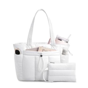 Imagem de TOPDesign Bolsa feminina com porta-copos, compartimento para laptop, bolsa de cosméticos e bolsa de carrinho para trabalho, viagens, Branco, Medium, Casual