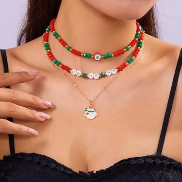 Imagem de Conjunto de 3 colares em camadas com tema natalino, elegante, dourado, boneco de neve, colar gargantilha colorida com contas, joias requintadas para mulheres