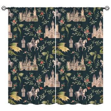 Imagem de Cortinas de dragão, castelo medieval mágico, cavaleiros de dragão e estampa floral, estampa de conto de fadas, cortinas de janela para meninos, quarto, sala de estar, cozinha, café (L50 x C 114 cm) x