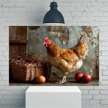 Imagem de Hen Near Basket Of Eggs Arte de parede em tela rústica vintage - Pôster sem moldura de 30 x 45 cm - Decoração de casa e escritório para sala de estar, quarto, cozinha e café