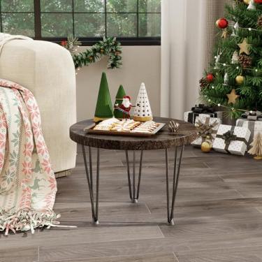 Imagem de Fun Memories Mesa de centro redonda - Mesa de assentamento de madeira de olmo com pernas de metal e base antiderrapante para pés - Mesas de canto rústicas para sala de estar e quarto - 50 cm P x 50 cm