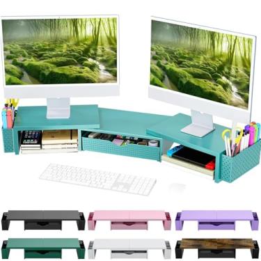 Imagem de Spacrea Organizadores e acessórios de mesa de metal, suporte duplo para monitor com gaveta e 2 suportes de caneta, acessórios de mesa e organizadores de mesa de trabalho para material de escritório