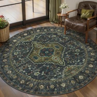Imagem de Tangsoo Tapetes redondos verdes de 1,2 m, tapete circular lavável, antiderrapante, pequeno, boêmio, tapetes circulares de pilha baixa, tapete redondo vintage para sala de estar, quarto, entrada