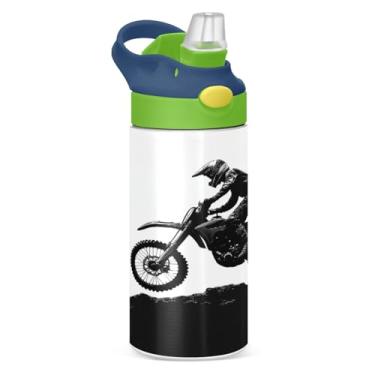 Imagem de JUZIHAI Garrafas de água infantil Motocross Racer Garrafa de aço inoxidável isolada a vácuo de 340 g com tampa de palha, copo de viagem à prova de vazamento