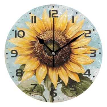 Imagem de JUZIHAI Relógio de parede vintage bonito com girassol, silencioso, sem tique-taque, redondo, operado por bateria, fácil de ler, relógio decorativo de parede para casa, cozinha, sala de estar, quarto