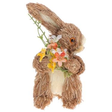 Imagem de Estátua de Coelho de Páscoa Em Pé: Estatueta de Coelho de Sisal Trançado Em Palha Feita à Mão - Segurando Uma Flor - Ornamento de de Páscoa Em Palha Trançada para Decoração de Mesa, Casa de Campo