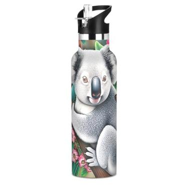 Imagem de Garrafa de água isolada de aço inoxidável de 590 ml com tampa de palha, urso coala, lindas garrafas de água coloridas para meninos, meninas, copos de viagem para crianças, à prova de vazamento, livre