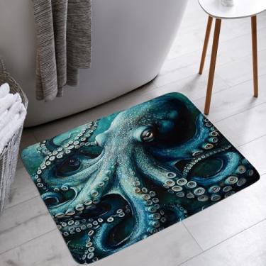 Imagem de HWSSHW Tapete de banho de polvo, azul-petróleo, tentáculos, polvo, mar, craque, oceano, vida marinha, microfibra, espuma de memória, decoração de banheiro, tapetes para cozinha e quarto