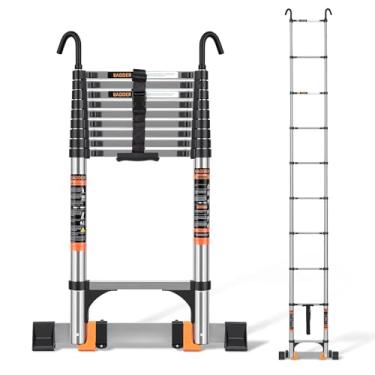 Imagem de Escada telescópica, escada de extensão de 3 m com ganchos, estabilizadores, rodas, capacidade máxima de 150 kg, escada dobrável dobrável para trailer, telhado, ambiente externo