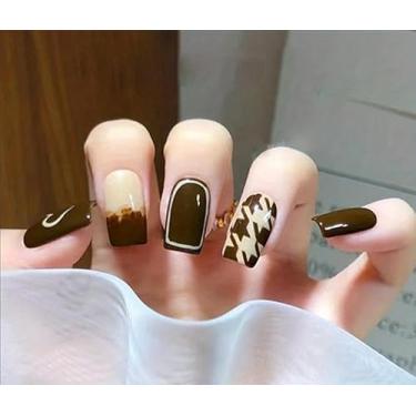Imagem de Unhas quadradas de pressão, unhas curtas de gel macio, 12 tamanhos – 24 kits de manicure falsos reutilizáveis, listras marrons de chá de leite