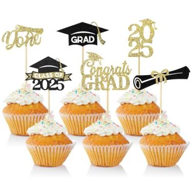 Imagem de 24 Pcs Graduation Cupcake Toppers 2025, Glitter Gold and Black Class of 2025 Cupcake Toppers, 6 Styles Graduation Cap Diploma Cake Picks for Grad Theme Party Cake Decorations Supplies