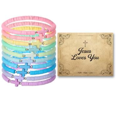 Imagem de Landical Conjunto de 30 pulseiras de cruz de Jesus Cristão com cartão de bênção, feitas à mão, elásticas, coloridas, de argila de polímero, contas religiosas, cristãs, para mulheres, crianças