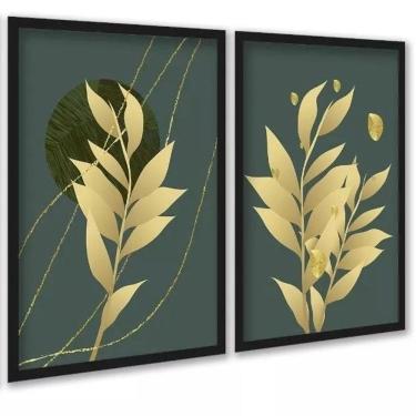 Imagem de Kit 2 Quadros Folhas Verde Musgo Com Dourado 33X24Cm - Vidro