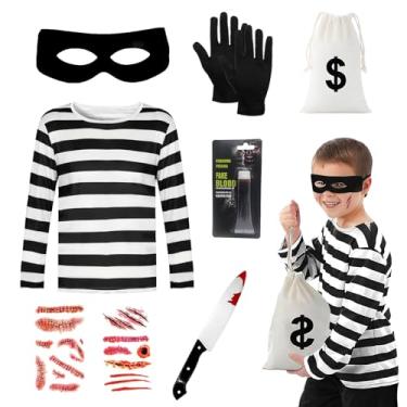Imagem de Maazusa Fantasia de ladrão de Halloween infantil listrada de bandido de terror fantasia cosplay de ladrão para meninos (140)