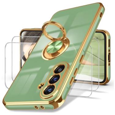 Imagem de Dretal Capa para Samsung Galaxy A37 5G, 2x protetor de tela, suporte magnético giratório de 360°, borda dourada banhada a ouro, capa protetora fina de TPU macio para Galaxy A37 5G (Matcha)