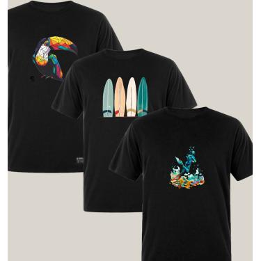 Imagem de Kit 3 Camisetas Masculinas Pretas Algodão Prime WSS Brasil: Dive, Toucan e Artistic Surf