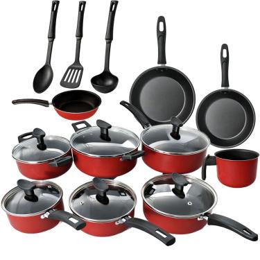 Imagem de Jogo De Panelas 13 Peças Antiaderente Tampa Vidro Frigideira Vermelho