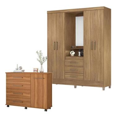 Imagem de Cômoda e Guarda Roupa Casal Flora Capelinha Pérsia 5 Portas Giratórias 7 Gavetas MDP Am...