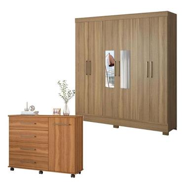 Imagem de Cômoda e Guarda Roupa Casal Flora Prático 7 Portas 7 Gavetas em MDP com Espelho Amêndol...