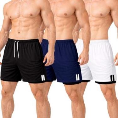 Imagem de Kit 3 Short Treino Térmico 2 em 1 com Bolso Porta-Toalha Calção Fitness Academia-Masculino