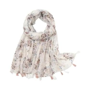 Imagem de Xale Feminino De Algodão E Viscose 180x90cm Com Borlas, Estampa Floral