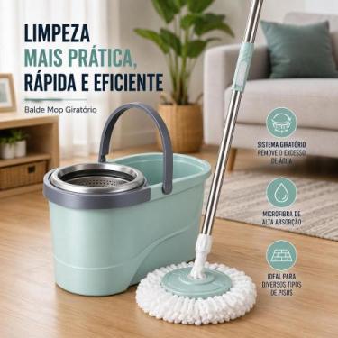Imagem de Kit Mop Inox 360 Giratório  Balde Grande 12 Litros com Rodinhas + Rodo