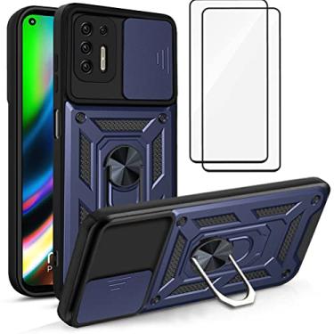 Imagem de Capa para Motorola Moto G10 Capinha | com 2 protetores de tela temperados, janela deslizante de proteção da câmera integrada e suporte para telefone - Azul