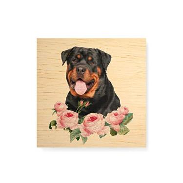 Imagem de Arte Maníacos Quadro decorativo com moldura caixa branca em Madeira - Rottweiler Flores - 30x30cm