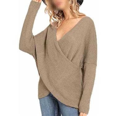 Imagem de Suéter Pulôver Feminino Malha Decote Em V Profundo Manga Longa Envoltório Frente Solta Suéter Pulôver Suéter Tops Casual E Confortável,cáqui,GG,YUYANAIAI