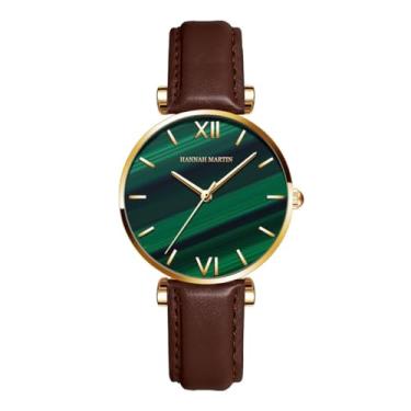 Imagem de YingHwa Relógio feminino com mostrador verde, relógio casual de moda com mostrador texturizado de malaquita, relógio de pulseira impermeável feminino, Pulseira de couro marrom