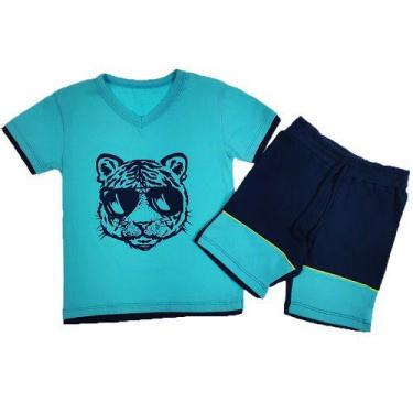 Imagem de Conjunto Curto Infantil Camiseta Curta Azul Estampa Tigre De Óculos E