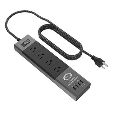 Imagem de Protetor contra sobretensão da Artix NRGPower C500, alumínio com saídas protetoras de borracha à prova de arranhões, 4 tomadas e 4 portas USB, estação de carregamento com tecnologia iSmart (preto e