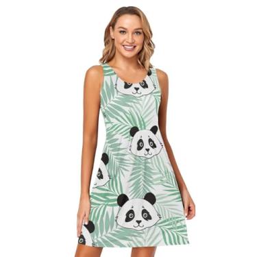 Imagem de KLL Panda Palm Leaf Green Cartoon Vestido de verão casual feminino vestido de praia sem mangas colete vestidos curtos camiseta vestido de verão, Desenho de folha de palmeira, panda, P