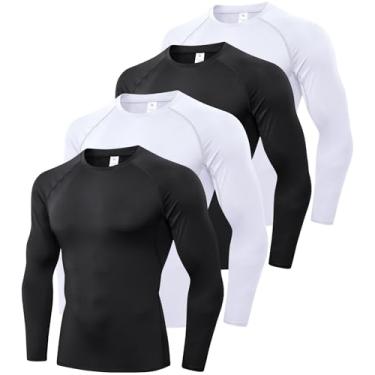 Imagem de SPVISE Pacote com 2 ou 4 camisetas masculinas de compressão de manga comprida para treino atlético, academia, roupa íntima esportiva seca e fresca, Pacote com 2, preto + branco nº 10, P