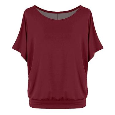 Imagem de Blusas femininas modernas de manga curta de tamanho grande, blusas de treino lisas, blusas de algodão, camisetas boêmias, túnica de festa, Vinho, GG