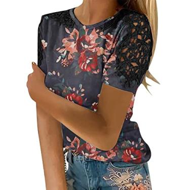 Imagem de Blusas femininas de malha de renda para sair, blusas grandes de manga curta Y2K, blusas de algodão, camisetas soltas, túnica formal, Vinho, 5G
