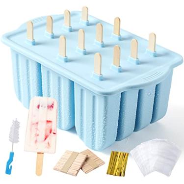 Imagem de Moldes de picolé de silicone livre de BPA, 12 peças de bandejas de picolé para freezer, moldes caseiros de picolé, conjunto de picolé grande, molde reutilizável de sorvete com 100 palitos de picolé (azul claro)
