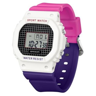 Imagem de RORIOS Relógio de pulso eletrônico quadrado, para meninas, meninos, casual, moderno, multifuncional, à prova d'água, relógio de pulso simples para homens e mulheres, Rosa branca, L, Relógio